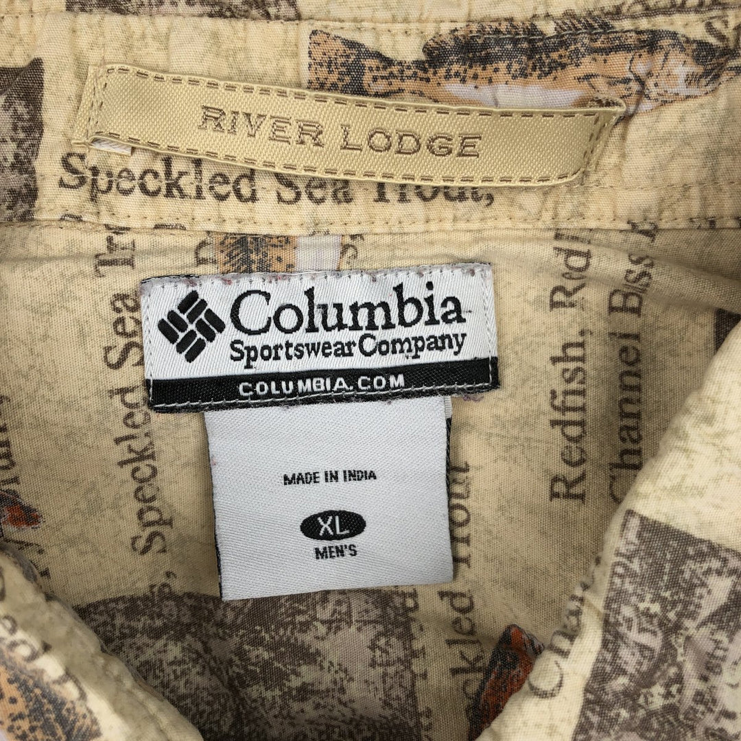 90'S Columbia RIVER LODGE Fish Print Short-Sleeve Button-Down Shirt, Boxy Shirt, Men's Size XL (Equivalent) Vintage cotton Beige type Vintage Second Hand