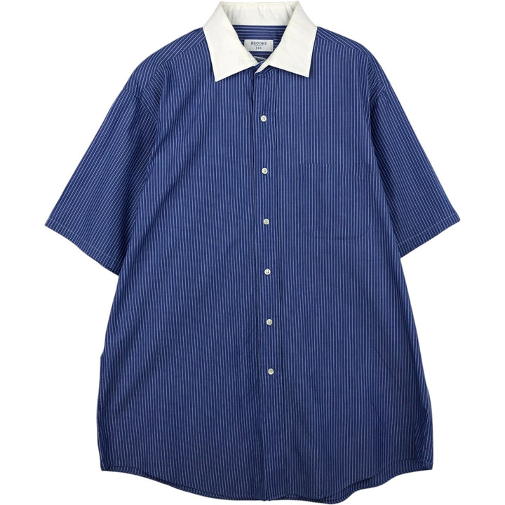 Brooks Brothers 346 Short Sleeve Cotton Striped Shirt Cleric Shirt Men's Size L cotton blue type Vintage Second Hand