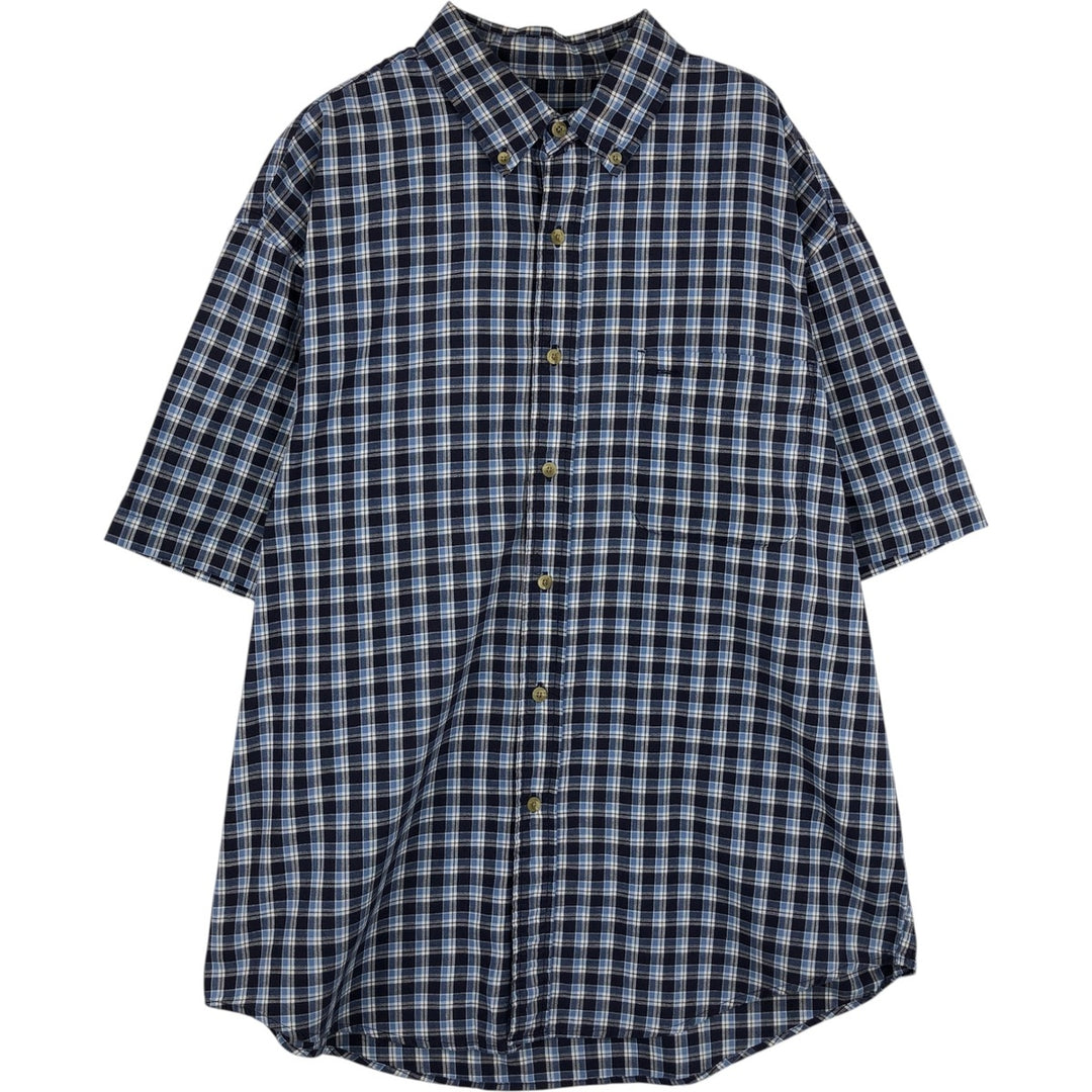 Eddie Bauer short sleeve button down check shirt, men's size L cotton navy blue type Vintage Second Hand
