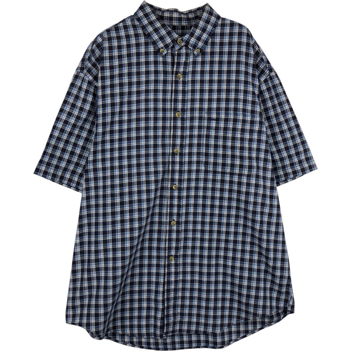 Eddie Bauer short sleeve button down check shirt, men's size L cotton navy blue type Vintage Second Hand