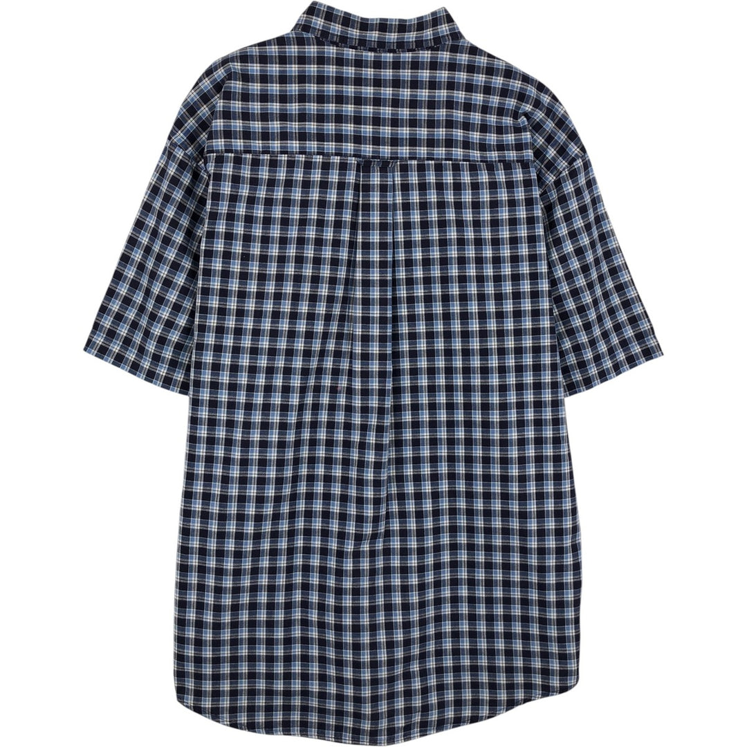Eddie Bauer short sleeve button down check shirt, men's size L cotton navy blue type Vintage Second Hand