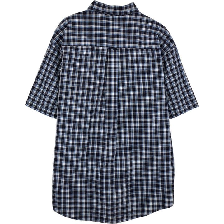 Eddie Bauer short sleeve button down check shirt, men's size L cotton navy blue type Vintage Second Hand