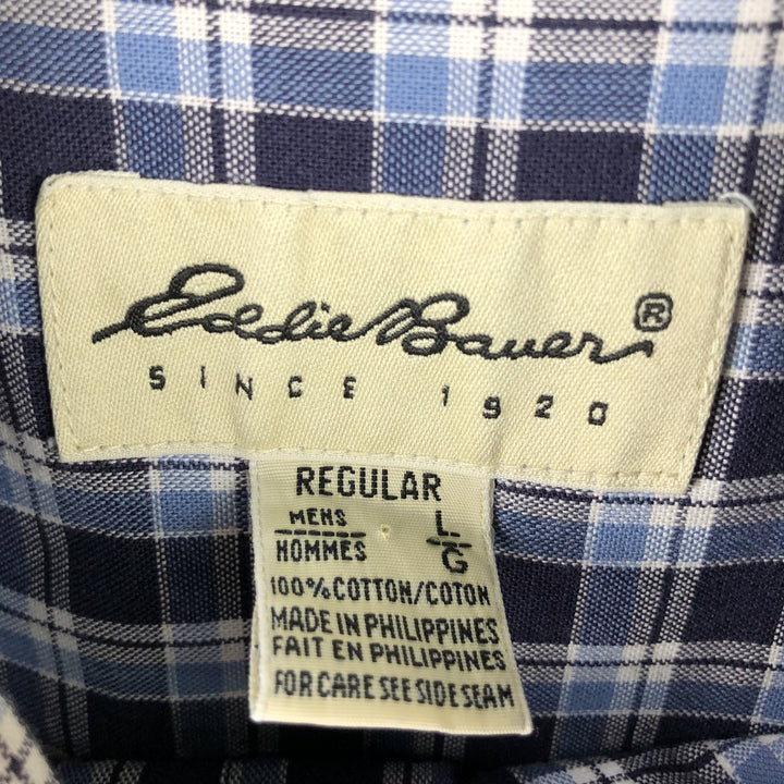 Eddie Bauer short sleeve button down check shirt, men's size L cotton navy blue type Vintage Second Hand