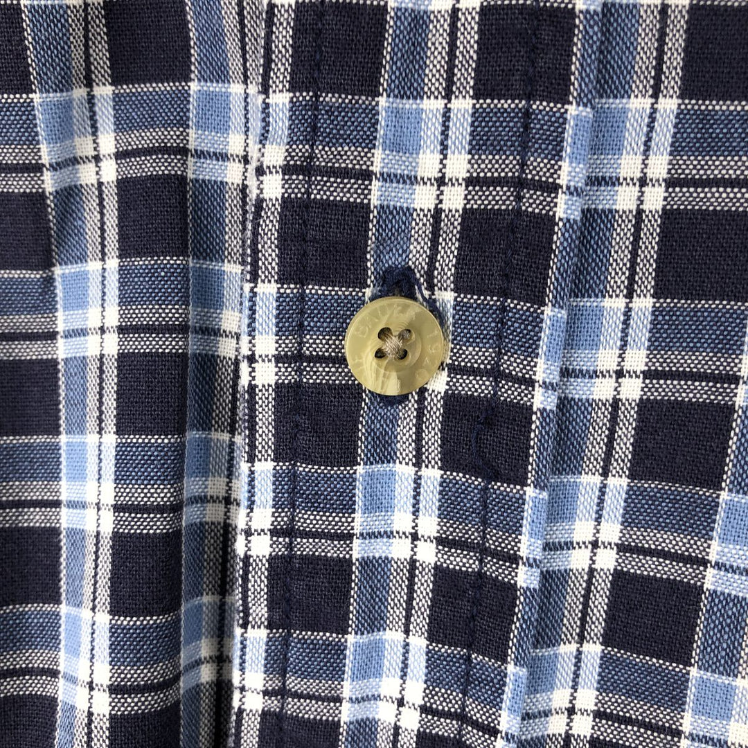 Eddie Bauer short sleeve button down check shirt, men's size L cotton navy blue type Vintage Second Hand