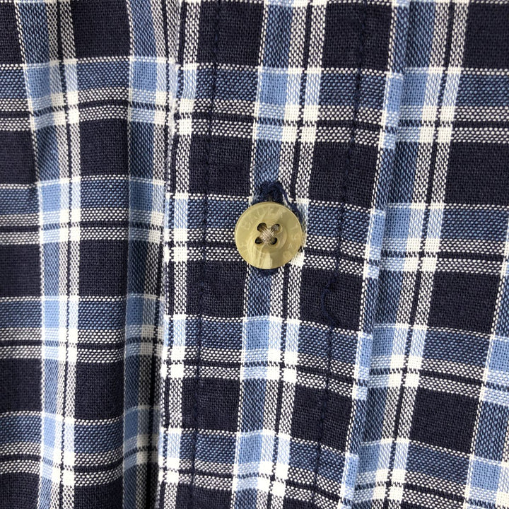 Eddie Bauer short sleeve button down check shirt, men's size L cotton navy blue type Vintage Second Hand