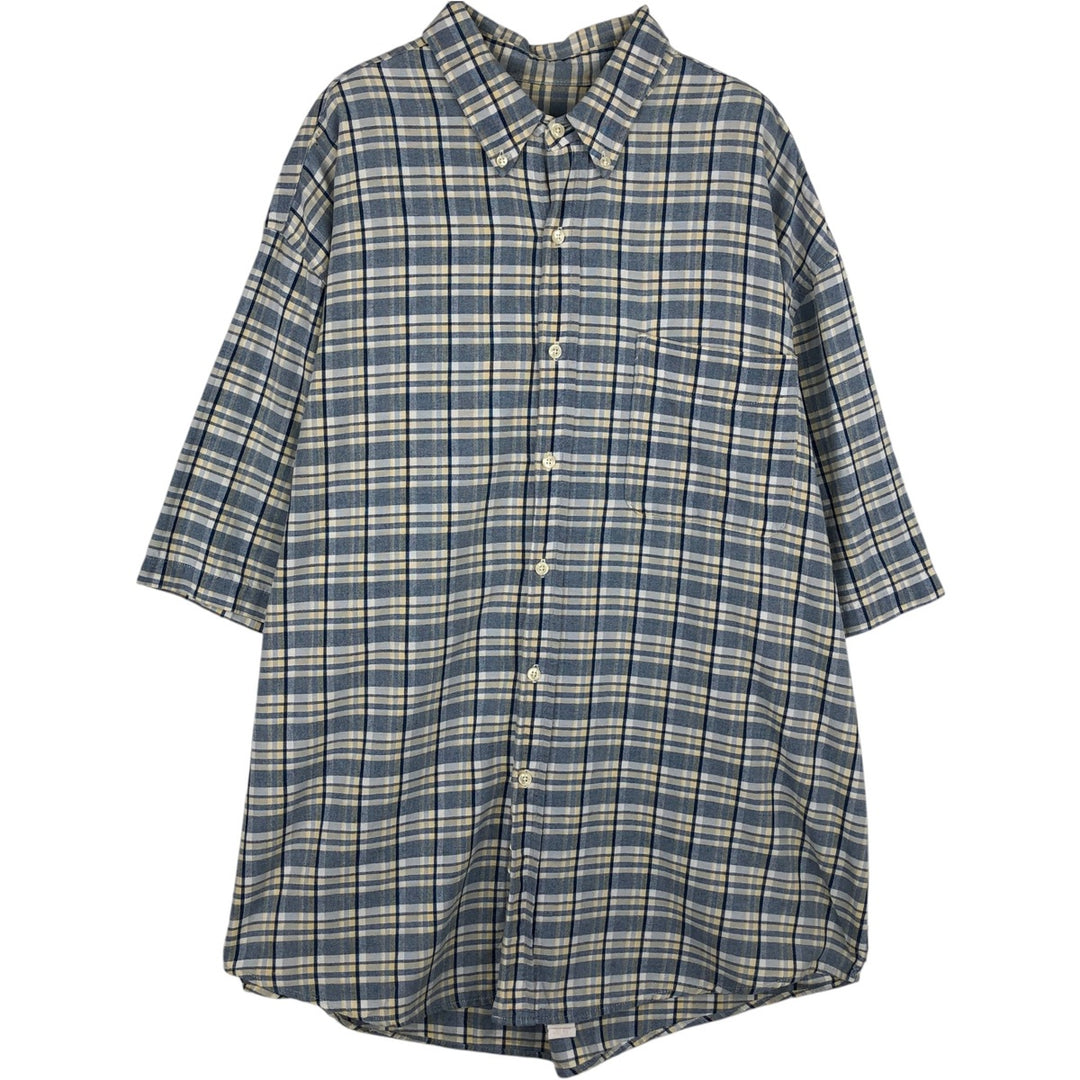 Eddie Bauer short sleeve button down check shirt, men's XL size cotton navy blue type Vintage Second Hand