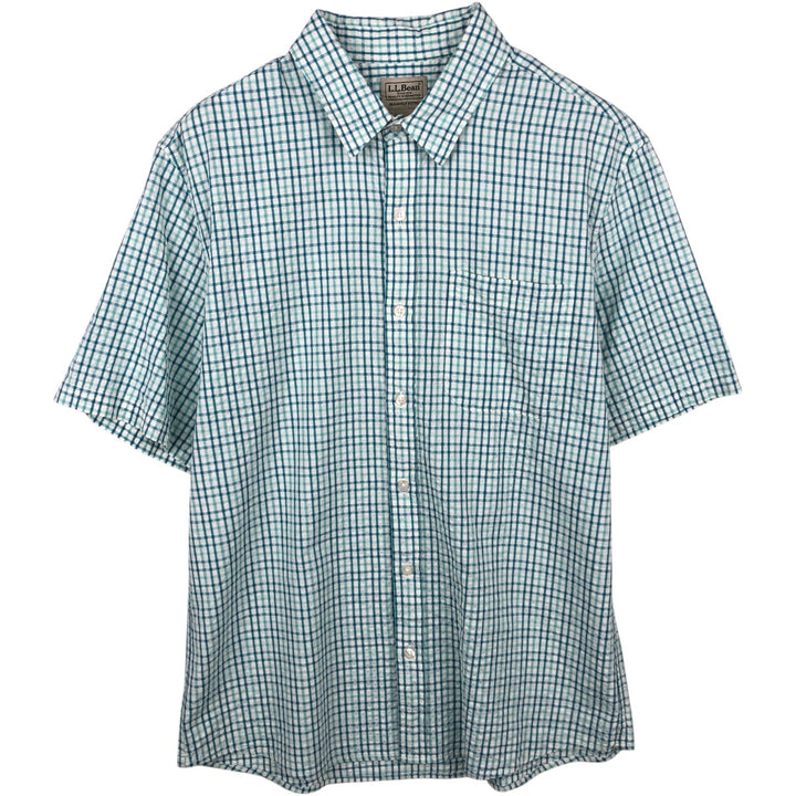 90s-00'S L.L.Bean seersucker short-sleeved cotton check shirt, men's size M (approx.) Organic cotton green type Vintage Second Hand