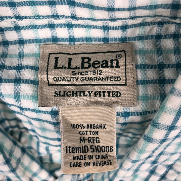 90s-00'S L.L.Bean seersucker short-sleeved cotton check shirt, men's size M (approx.) Organic cotton green type Vintage Second Hand