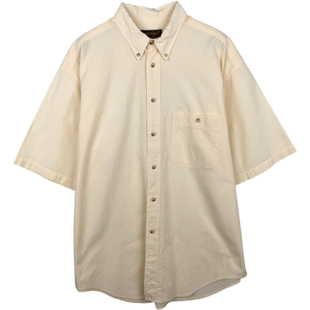 80s-90'S Eddie Bauer Black Tag Stripe Pattern Seersucker Short-Sleeve Button-Down Stripe Shirt (Men's Size L) cotton white type Vintage Second Hand
