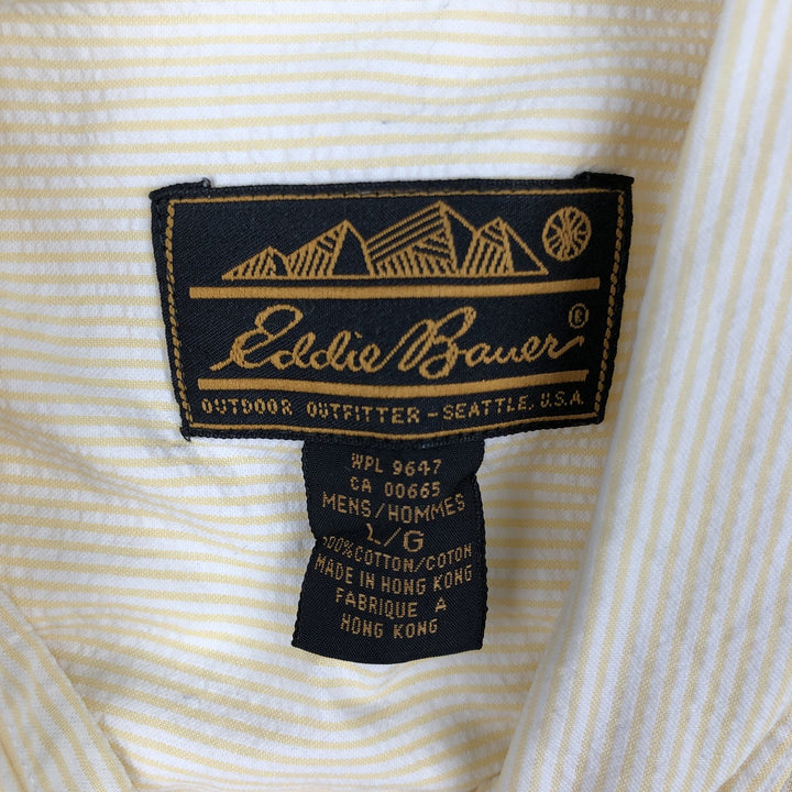 80s-90'S Eddie Bauer Black Tag Stripe Pattern Seersucker Short-Sleeve Button-Down Stripe Shirt (Men's Size L) cotton white type Vintage Second Hand