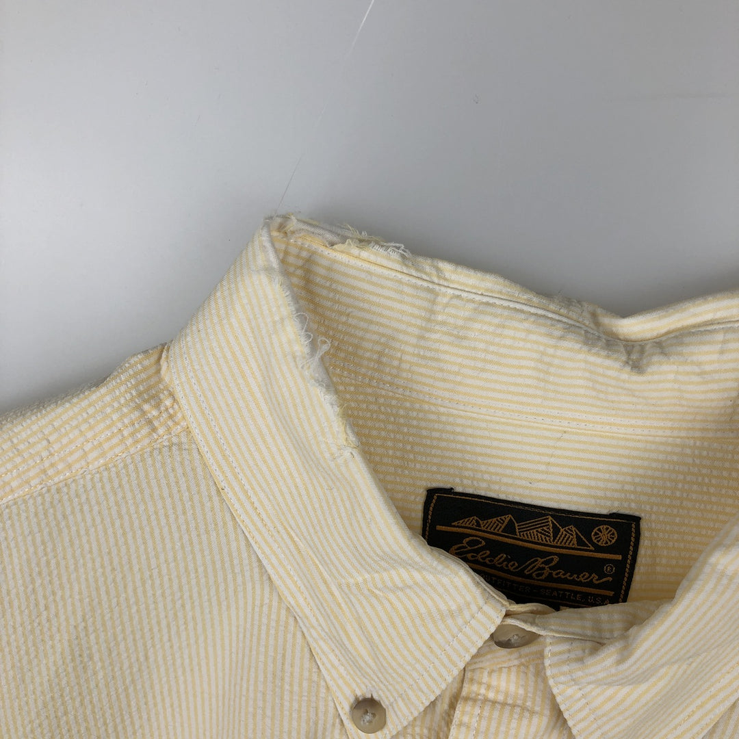 80s-90'S Eddie Bauer Black Tag Stripe Pattern Seersucker Short-Sleeve Button-Down Stripe Shirt (Men's Size L) cotton white type Vintage Second Hand