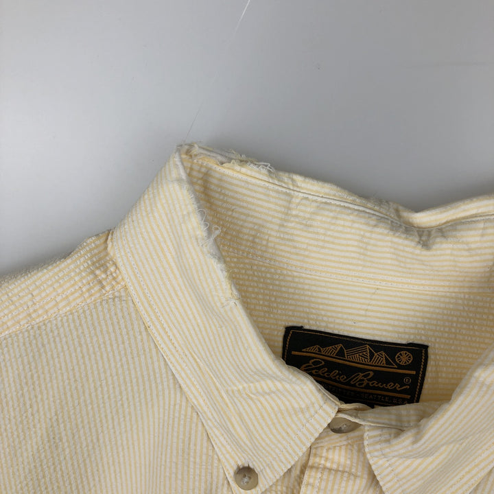 80s-90'S Eddie Bauer Black Tag Stripe Pattern Seersucker Short-Sleeve Button-Down Stripe Shirt (Men's Size L) cotton white type Vintage Second Hand