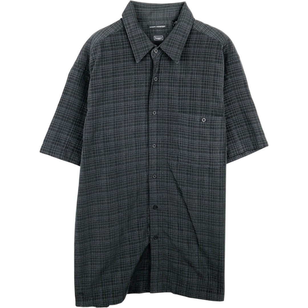 HAGGAR LUXURY MICROFIBER Check Pattern Short-Sleeve Polyester Box Shirt (Men's XL equivalent) polyester black type Vintage Second Hand