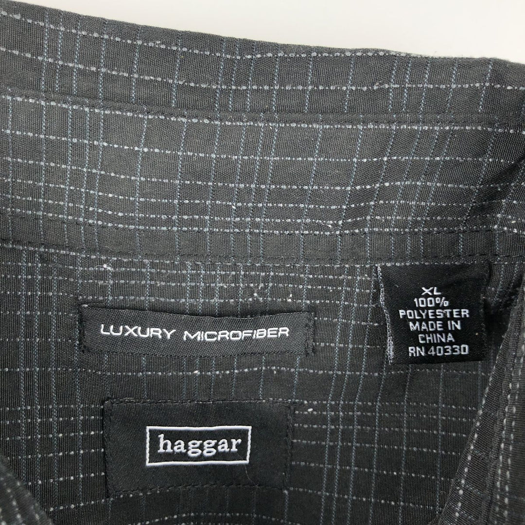 HAGGAR LUXURY MICROFIBER Check Pattern Short-Sleeve Polyester Box Shirt (Men's XL equivalent) polyester black type Vintage Second Hand