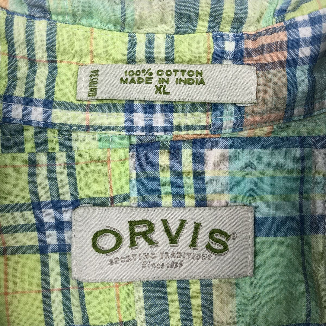 2000'S Orvis Madras Check Patchwork Short-Sleeve Button-Down Check Shirt, Men's Size XL (approx.) cotton green type yellow green Vintage Second Hand
