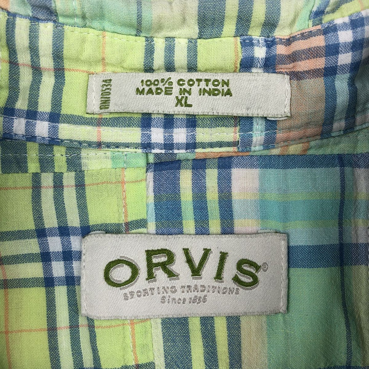 2000'S Orvis Madras Check Patchwork Short-Sleeve Button-Down Check Shirt, Men's Size XL (approx.) cotton green type yellow green Vintage Second Hand