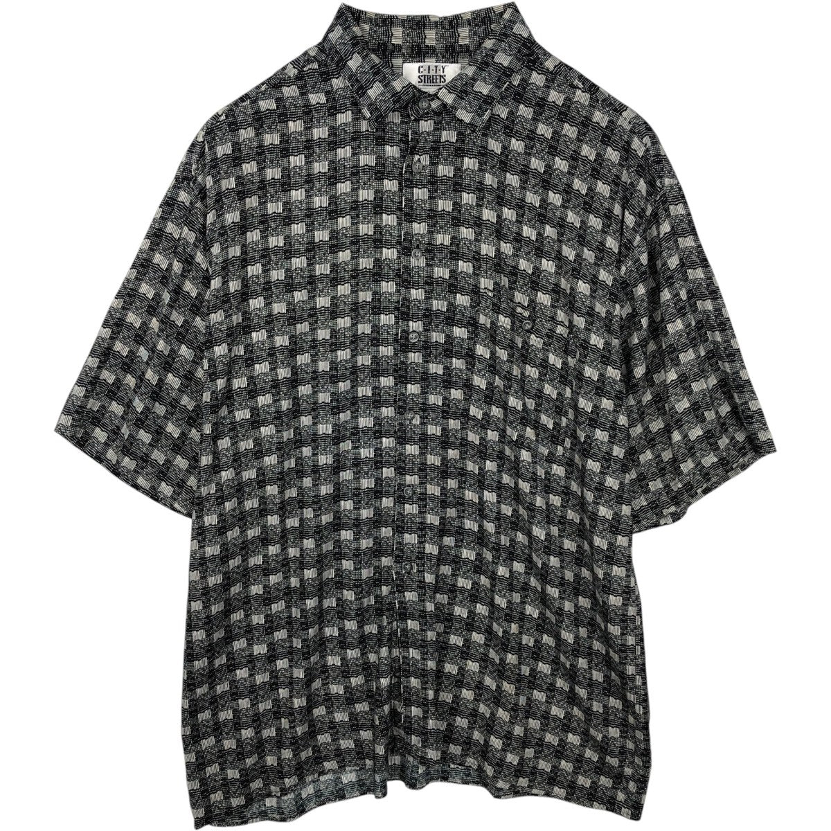 CITY STREETS all-over print short-sleeved rayon shirt, boxy fit, men's size XL. Rayon black type Vintage Second Hand