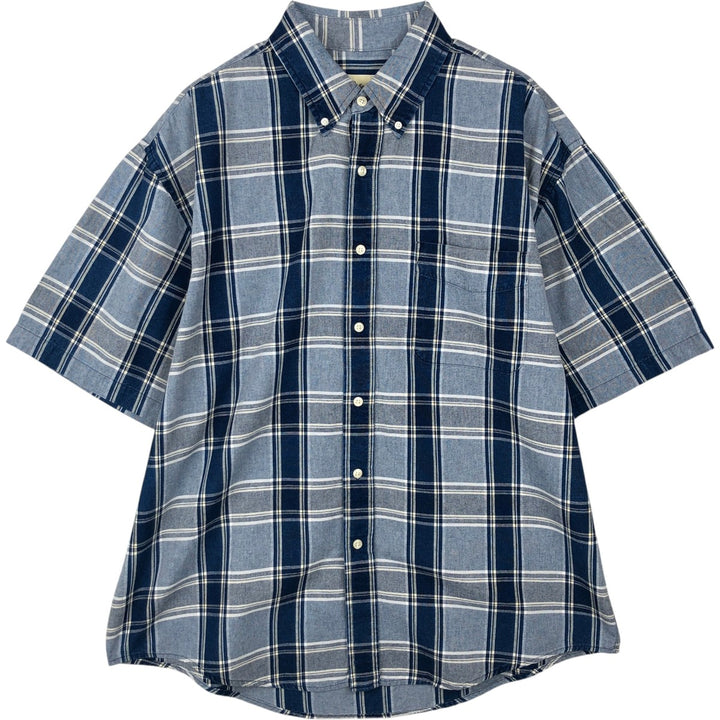 90s-00'S Eddie Bauer Short-Sleeve Button-Down Check Shirt, Men's Size L (Equivalent), Vintage cotton blue type Vintage Second Hand
