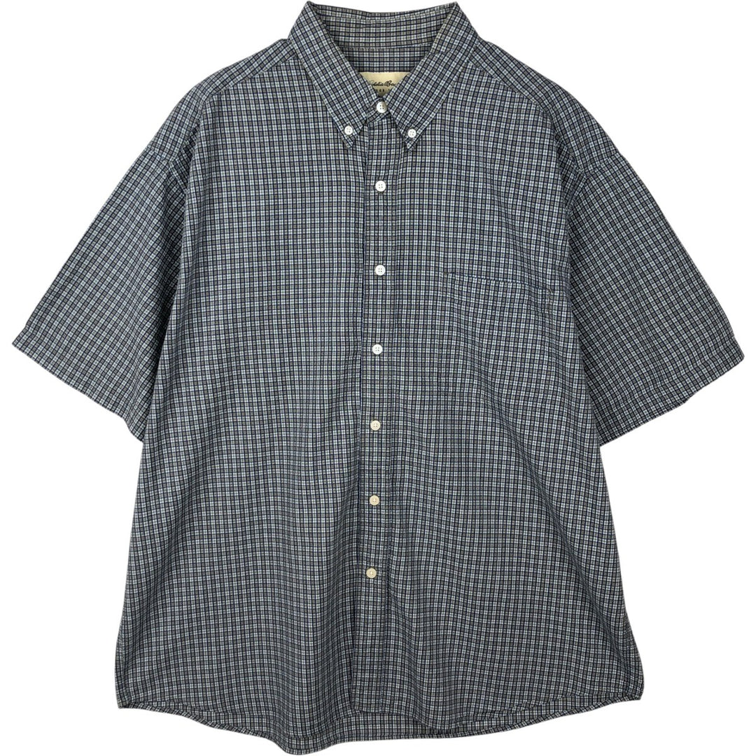1990'S Eddie Bauer Seersucker Short-Sleeve Button-Down Check Shirt, Men's Size XL (Equivalent), Vintage cotton navy blue type Vintage Second Hand
