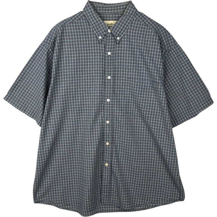1990'S Eddie Bauer Seersucker Short-Sleeve Button-Down Check Shirt, Men's Size XL (Equivalent), Vintage cotton navy blue type Vintage Second Hand