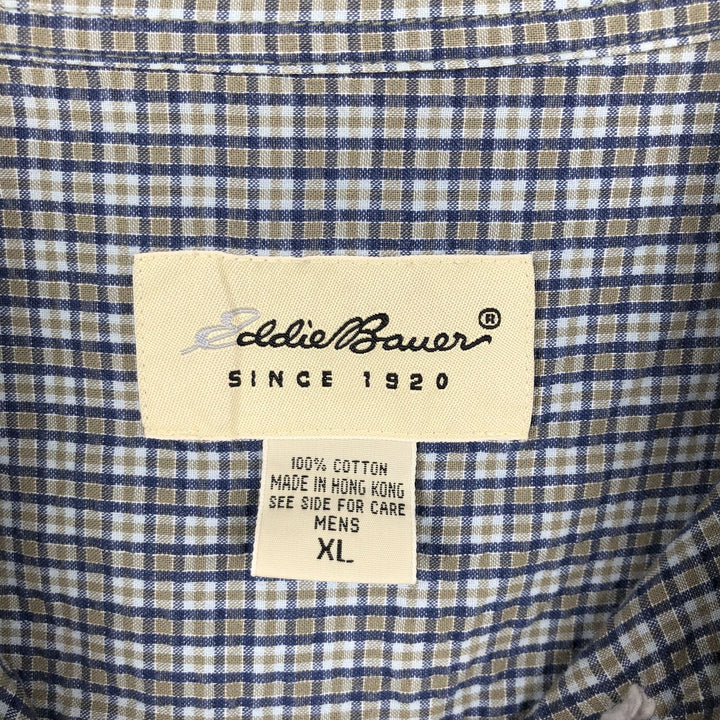 1990'S Eddie Bauer Seersucker Short-Sleeve Button-Down Check Shirt, Men's Size XL (Equivalent), Vintage cotton navy blue type Vintage Second Hand