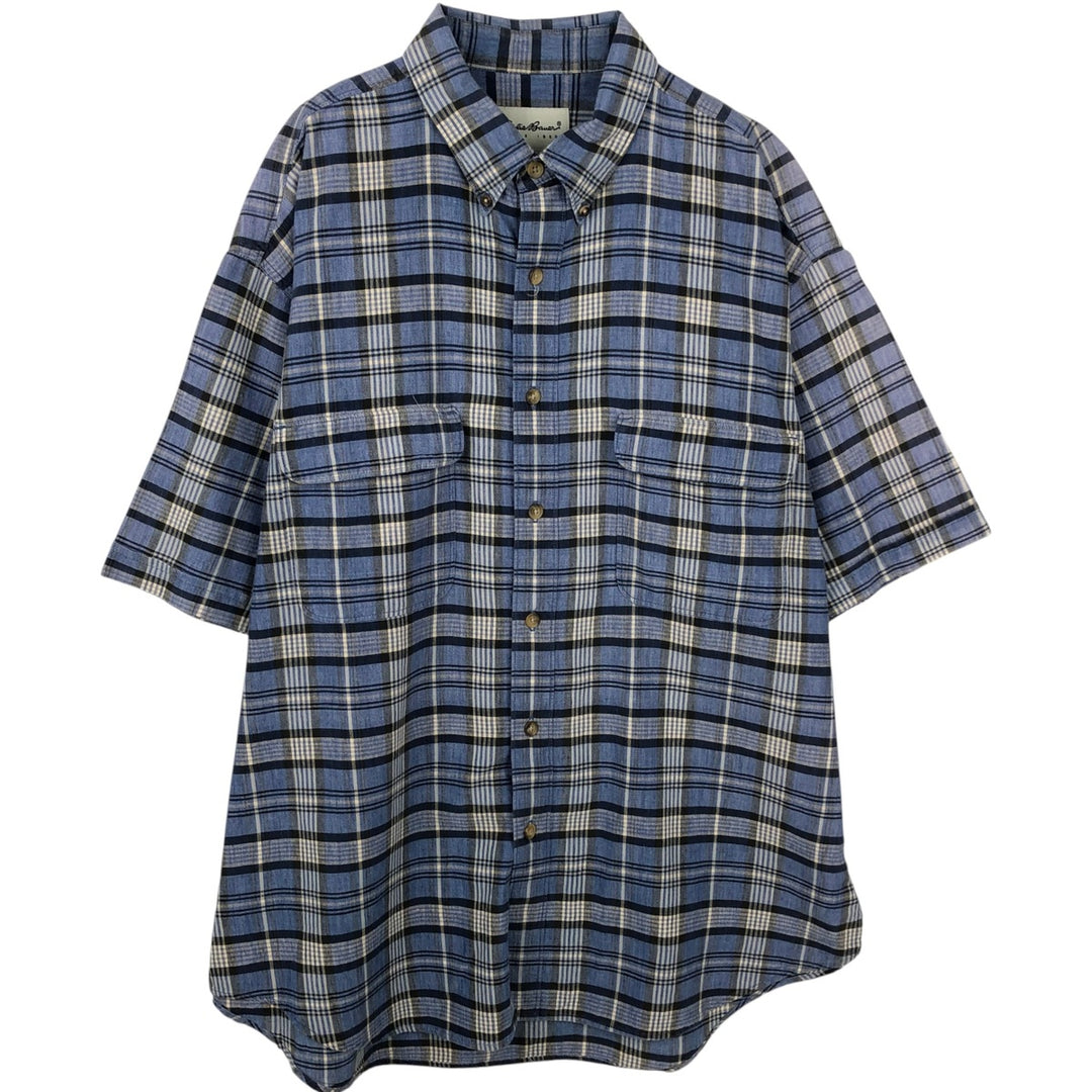 00'S Eddie Bauer short sleeve button down check shirt, men's XL size cotton blue type Vintage Second Hand
