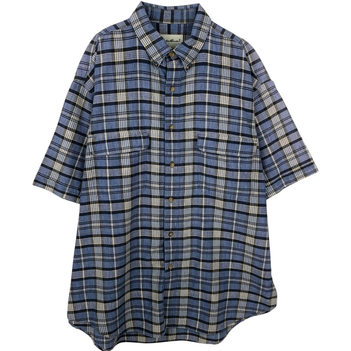 00'S Eddie Bauer short sleeve button down check shirt, men's XL size cotton blue type Vintage Second Hand