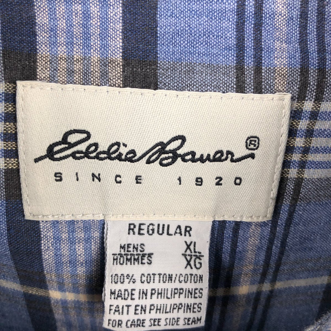 00'S Eddie Bauer short sleeve button down check shirt, men's XL size cotton blue type Vintage Second Hand