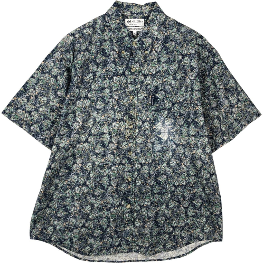 90s-00'S Columbia Short-Sleeve Button-Down Shirt with Fish Print (Men's Size L) - Vintage cotton navy blue type Vintage Second Hand