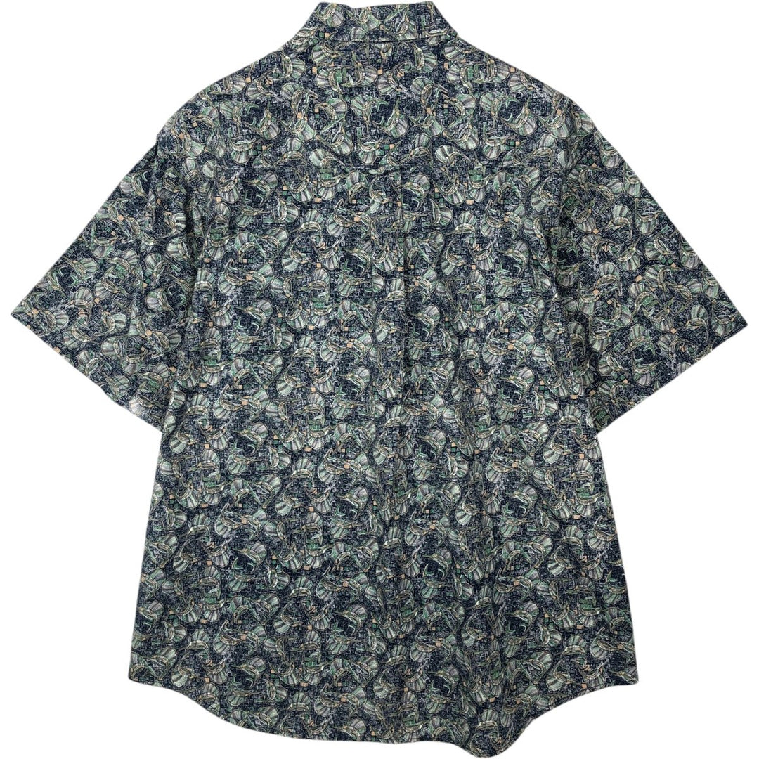 90s-00'S Columbia Short-Sleeve Button-Down Shirt with Fish Print (Men's Size L) - Vintage cotton navy blue type Vintage Second Hand