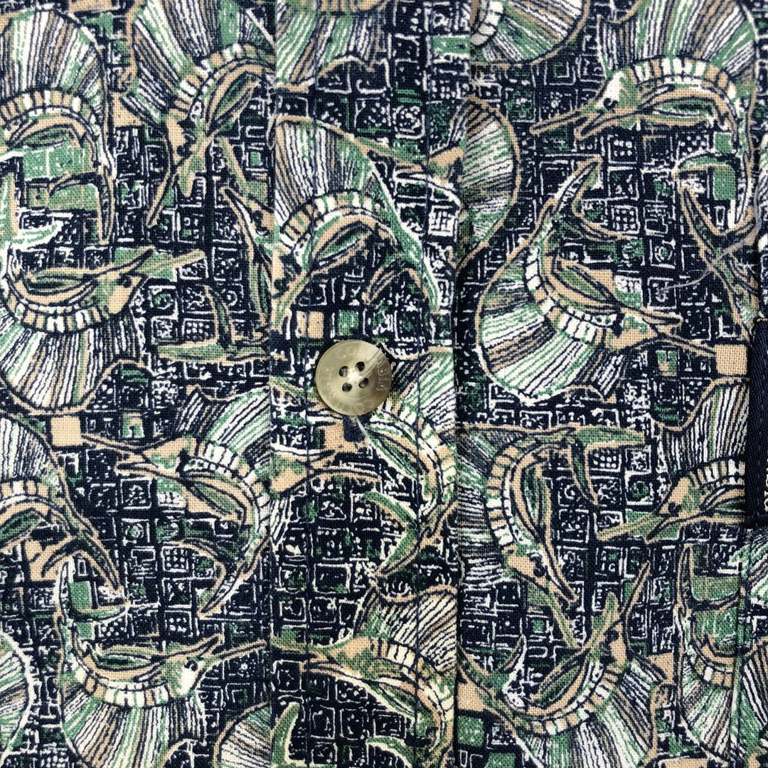90s-00'S Columbia Short-Sleeve Button-Down Shirt with Fish Print (Men's Size L) - Vintage cotton navy blue type Vintage Second Hand
