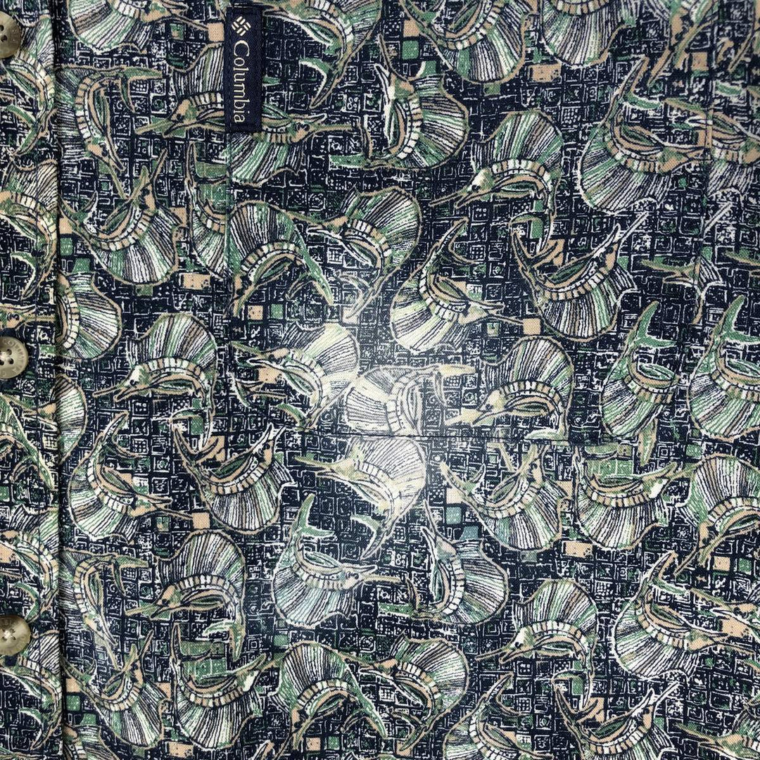 90s-00'S Columbia Short-Sleeve Button-Down Shirt with Fish Print (Men's Size L) - Vintage cotton navy blue type Vintage Second Hand