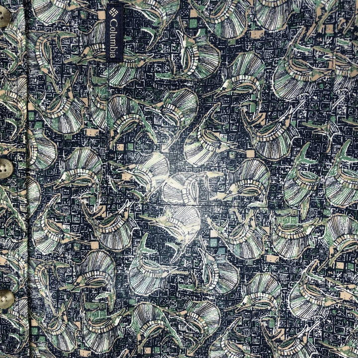 90s-00'S Columbia Short-Sleeve Button-Down Shirt with Fish Print (Men's Size L) - Vintage cotton navy blue type Vintage Second Hand