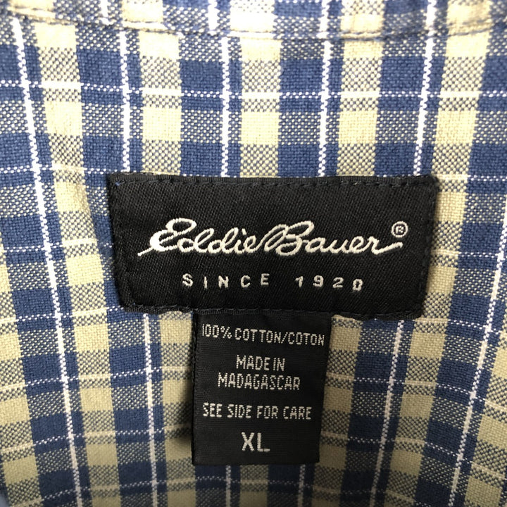 00'S Eddie Bauer short sleeve button down check shirt, men's XL size cotton blue type Vintage Second Hand
