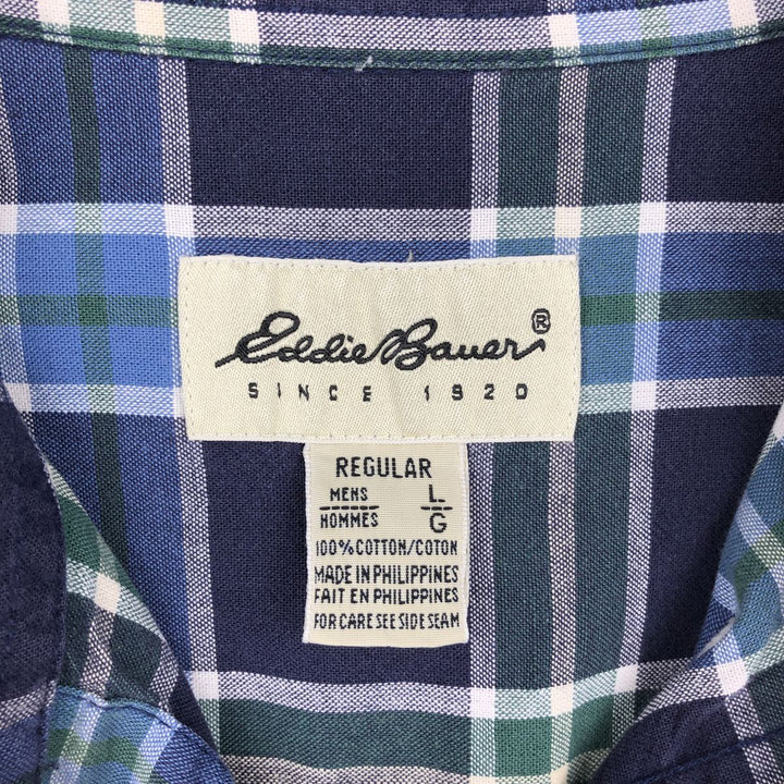 90s-00'S Eddie Bauer Short-Sleeve Button-Down Check Shirt, Men's Size L (Equivalent), Vintage cotton navy blue type Vintage Second Hand