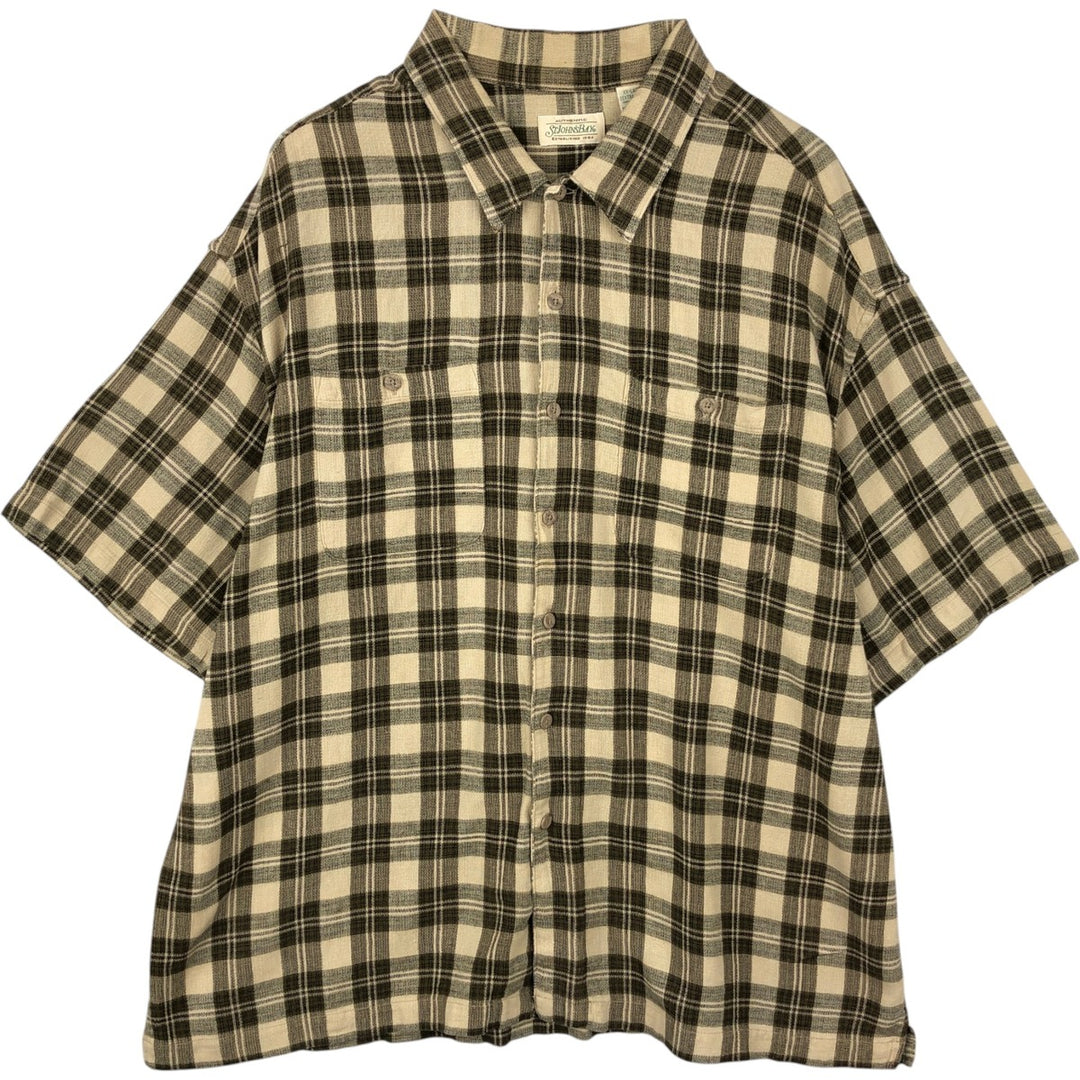 1990'S St. John's Bay Short-Sleeve Cotton Check Shirt, Boxy Shirt, Men's XXL Equivalent, Vintage cotton Beige type Vintage Second Hand