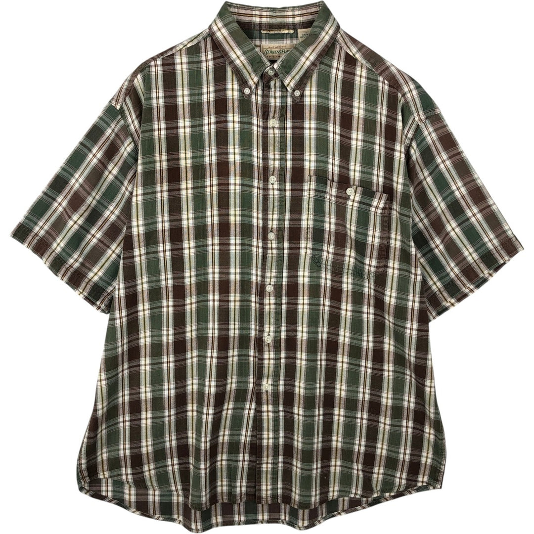 1990'S St. John's Bay Short-Sleeve Button-Down Check Shirt, Boxy Shirt, Men's Size L (Equivalent), Vintage cotton Khaki type Vintage Second Hand