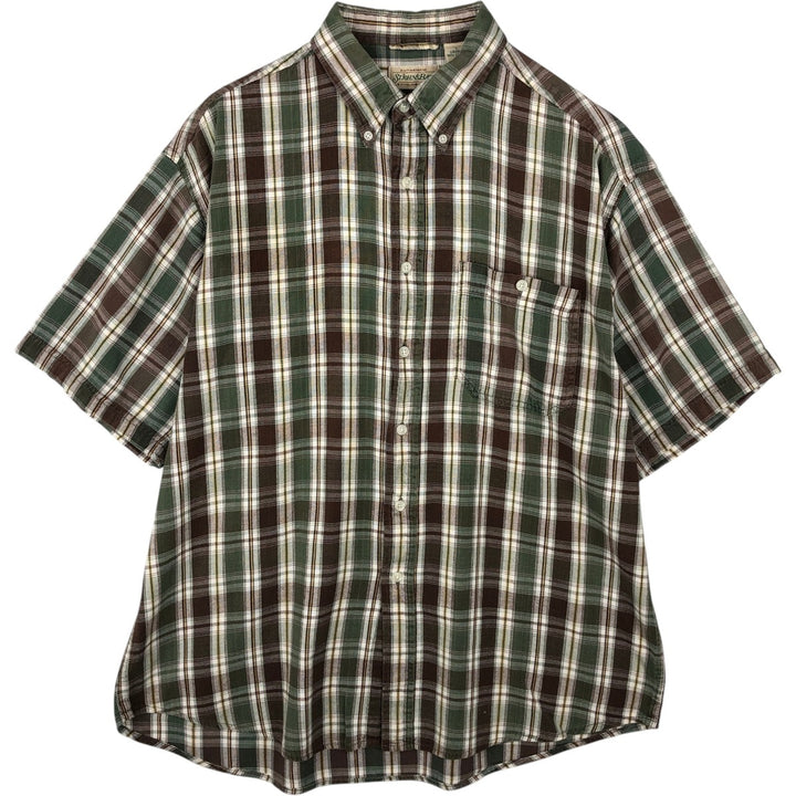 1990'S St. John's Bay Short-Sleeve Button-Down Check Shirt, Boxy Shirt, Men's Size L (Equivalent), Vintage cotton Khaki type Vintage Second Hand