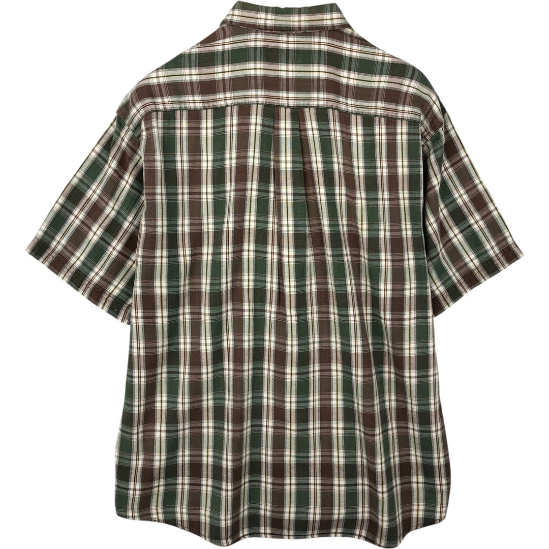 1990'S St. John's Bay Short-Sleeve Button-Down Check Shirt, Boxy Shirt, Men's Size L (Equivalent), Vintage cotton Khaki type Vintage Second Hand