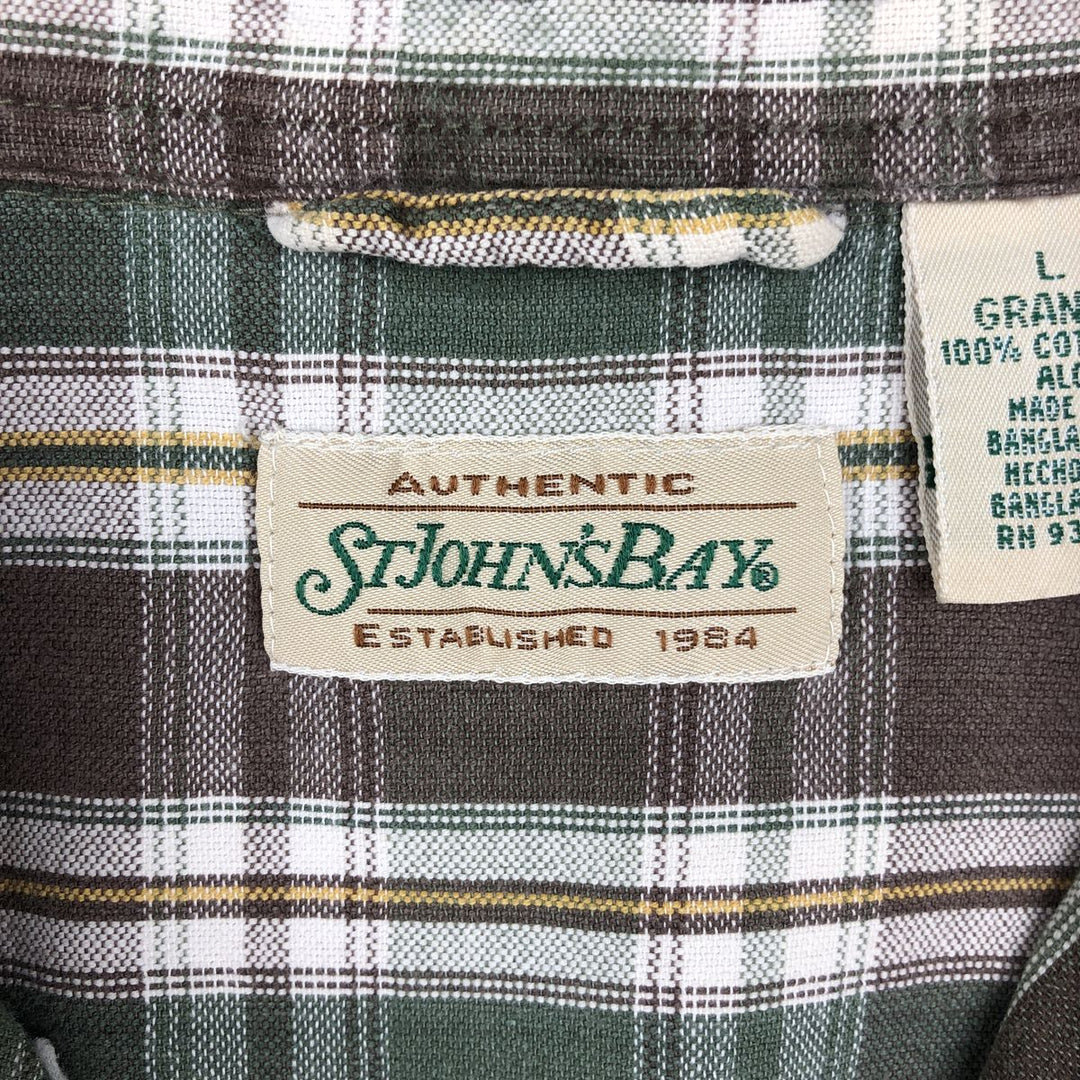 1990'S St. John's Bay Short-Sleeve Button-Down Check Shirt, Boxy Shirt, Men's Size L (Equivalent), Vintage cotton Khaki type Vintage Second Hand