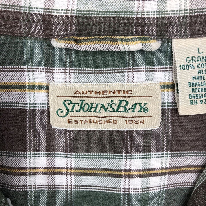 1990'S St. John's Bay Short-Sleeve Button-Down Check Shirt, Boxy Shirt, Men's Size L (Equivalent), Vintage cotton Khaki type Vintage Second Hand