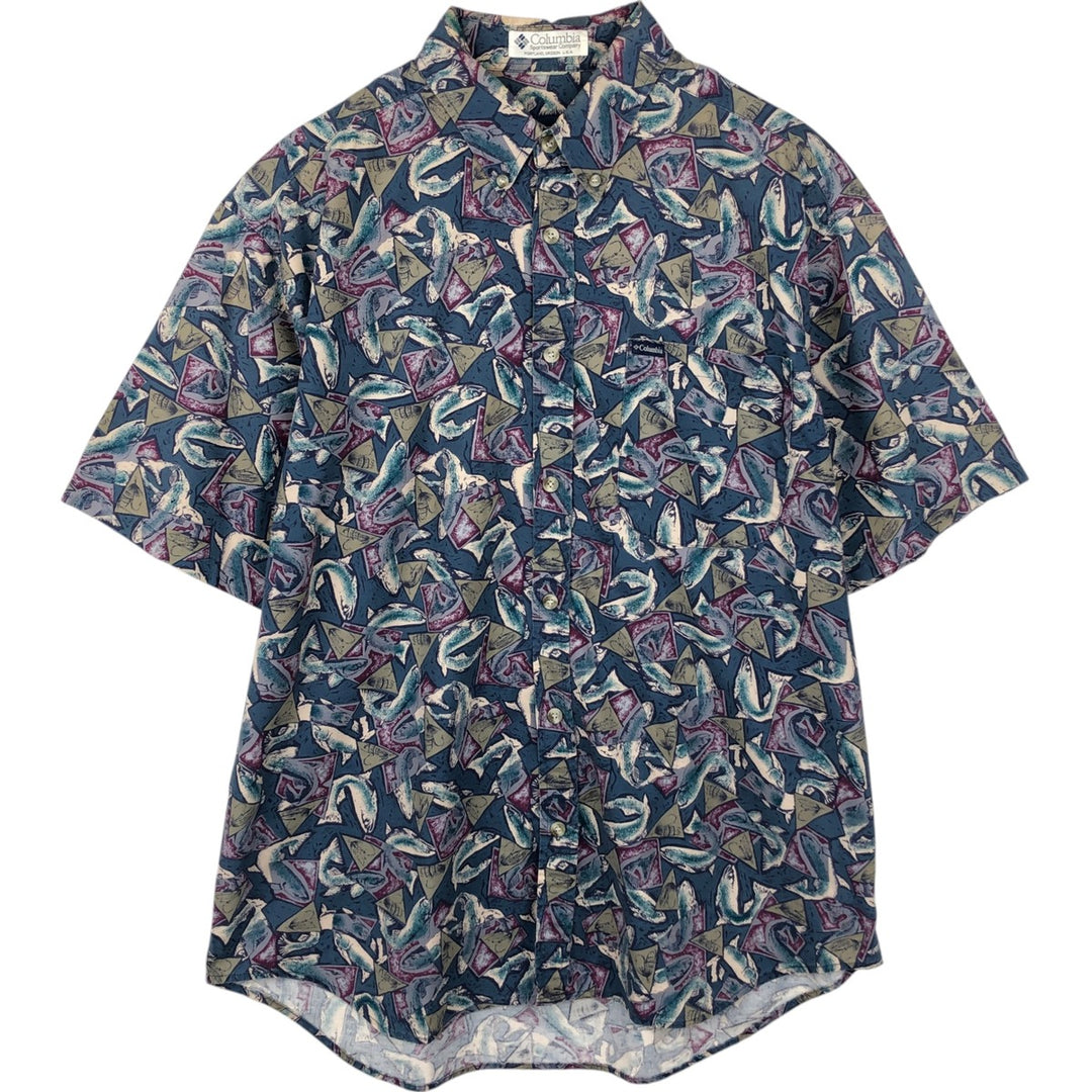 90'S Columbia White Tag Short-Sleeve Button-Down Shirt, Fish Print, Men's Size XL (Equivalent), Vintage unclear navy blue type Vintage Second Hand