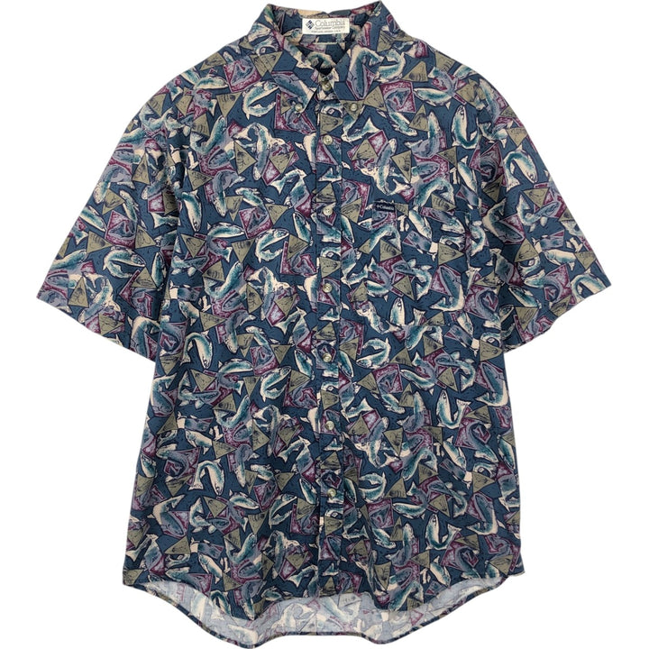90'S Columbia White Tag Short-Sleeve Button-Down Shirt, Fish Print, Men's Size XL (Equivalent), Vintage unclear navy blue type Vintage Second Hand