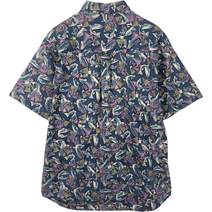 90'S Columbia White Tag Short-Sleeve Button-Down Shirt, Fish Print, Men's Size XL (Equivalent), Vintage unclear navy blue type Vintage Second Hand