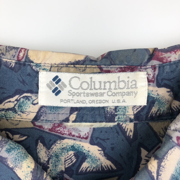 90'S Columbia White Tag Short-Sleeve Button-Down Shirt, Fish Print, Men's Size XL (Equivalent), Vintage unclear navy blue type Vintage Second Hand