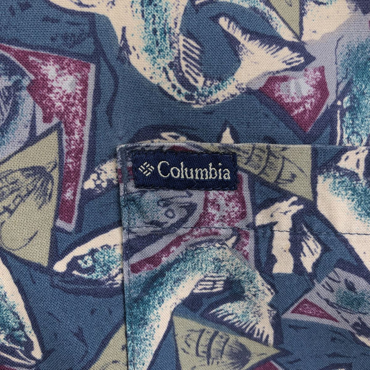 90'S Columbia White Tag Short-Sleeve Button-Down Shirt, Fish Print, Men's Size XL (Equivalent), Vintage unclear navy blue type Vintage Second Hand