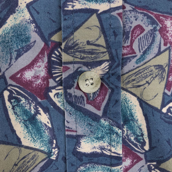 90'S Columbia White Tag Short-Sleeve Button-Down Shirt, Fish Print, Men's Size XL (Equivalent), Vintage unclear navy blue type Vintage Second Hand