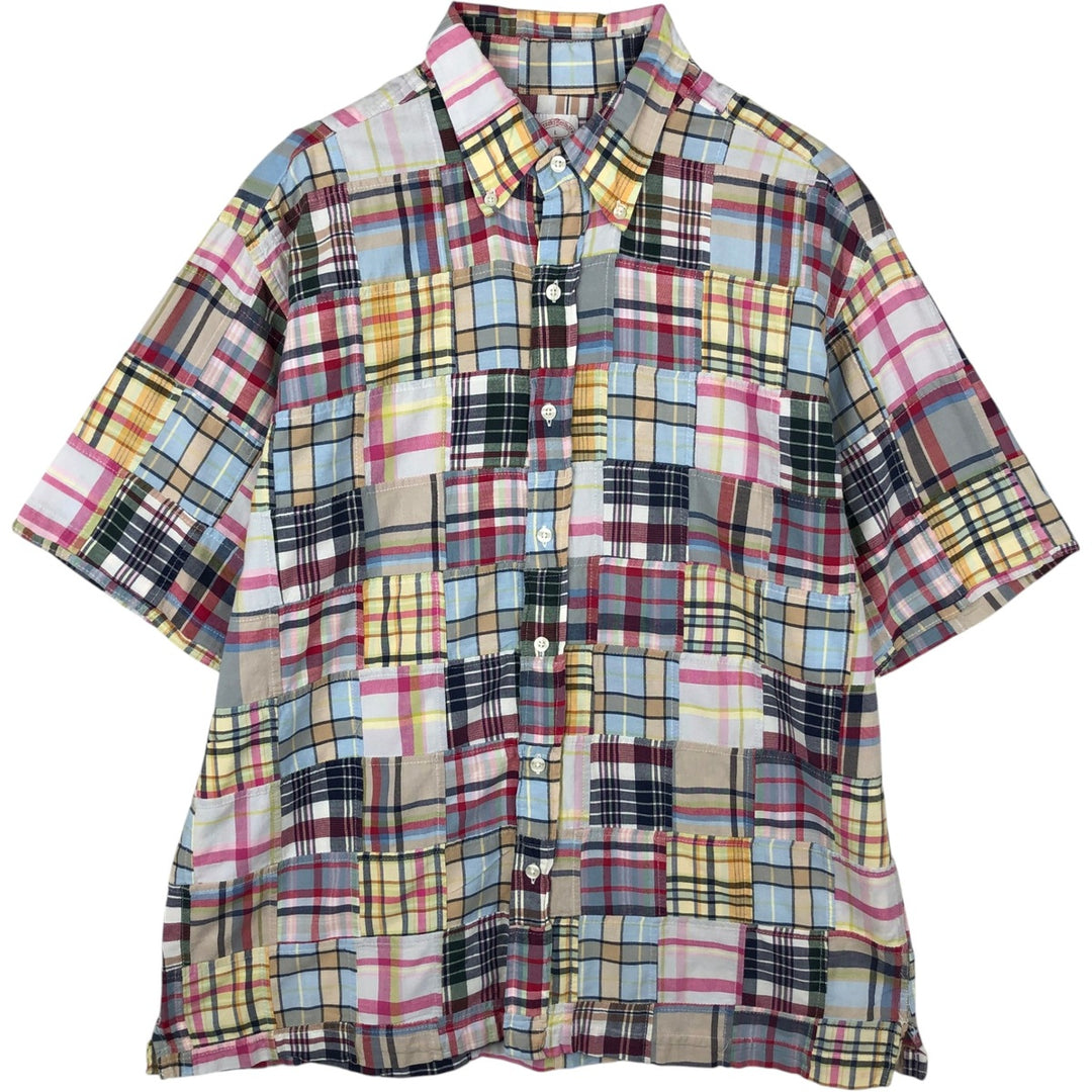 Brooks Brothers Est.1818 Patchwork Short-Sleeve Button-Down Check Shirt, Boxy Shirt, Men's Size L (approx.) cotton Blue type light blue Vintage Second Hand