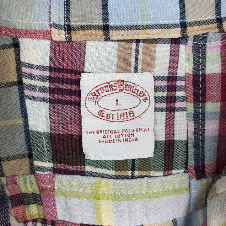 Brooks Brothers Est.1818 Patchwork Short-Sleeve Button-Down Check Shirt, Boxy Shirt, Men's Size L (approx.) cotton Blue type light blue Vintage Second Hand