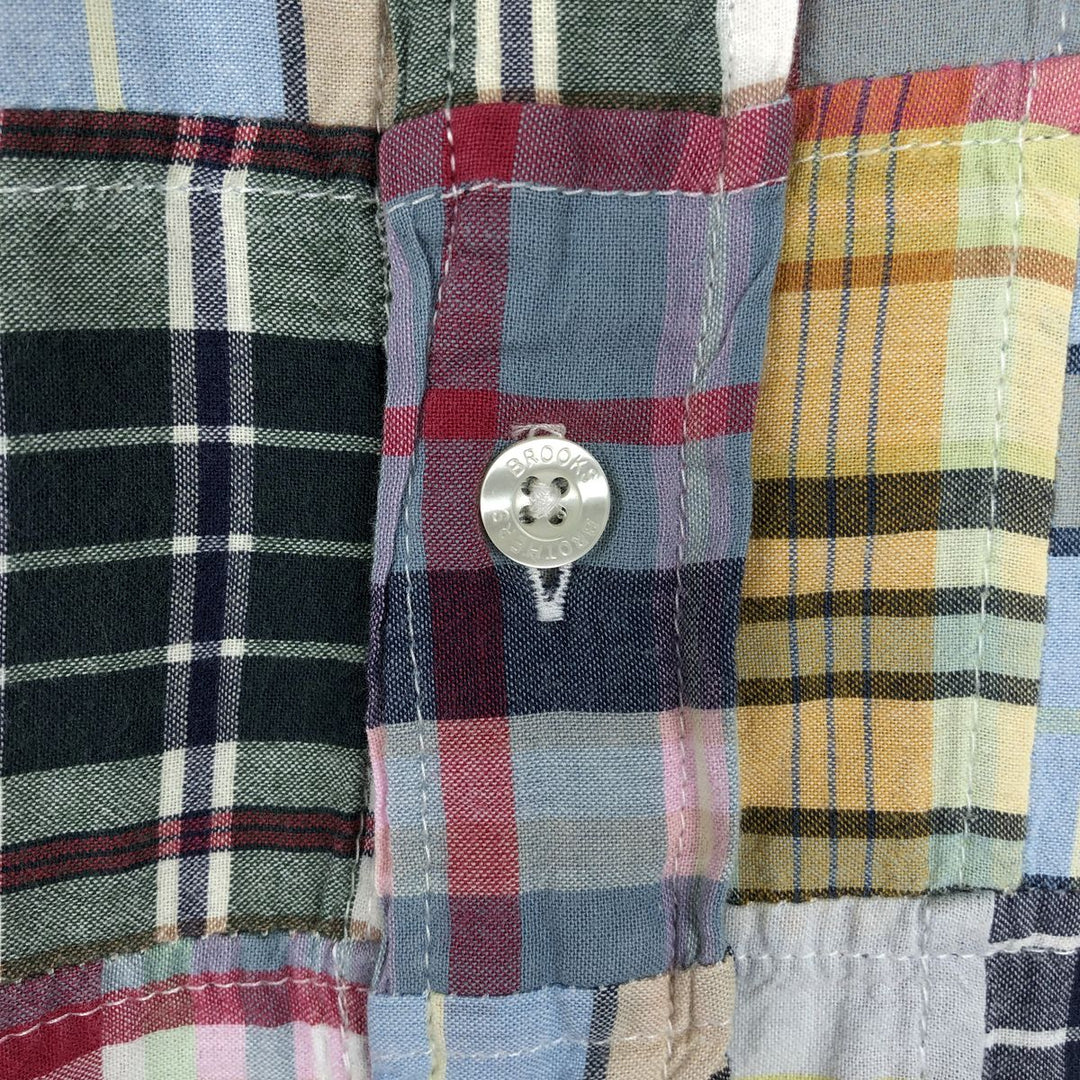 Brooks Brothers Est.1818 Patchwork Short-Sleeve Button-Down Check Shirt, Boxy Shirt, Men's Size L (approx.) cotton Blue type light blue Vintage Second Hand